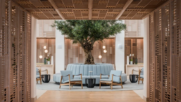 a bespoke olive tree integrated into circular seating